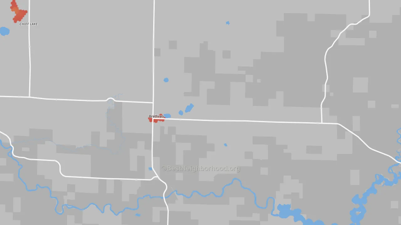 Walk Grade map of Brethren, MI, walkable areas in green and car-dependent areas in red