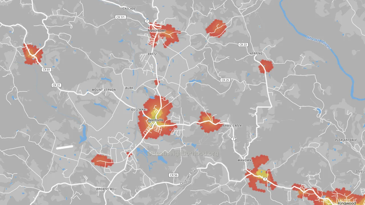 Walk Grade map of Bretz, WV, walkable areas in green and car-dependent areas in red