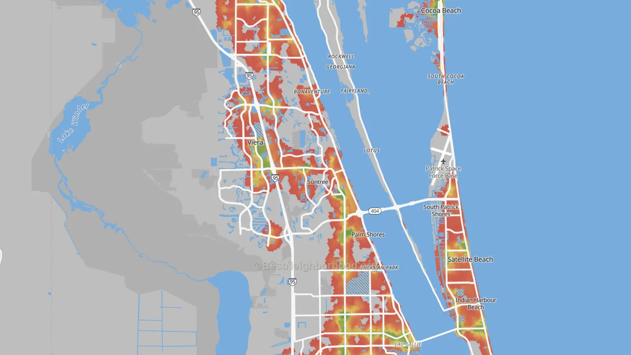 Walk Grade map of Brevard County, FL, walkable areas in green and car-dependent areas in red
