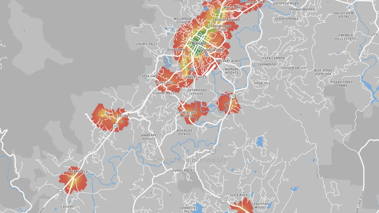 Walk Grade map of Brevard, NC, walkable areas in green and car-dependent areas in red