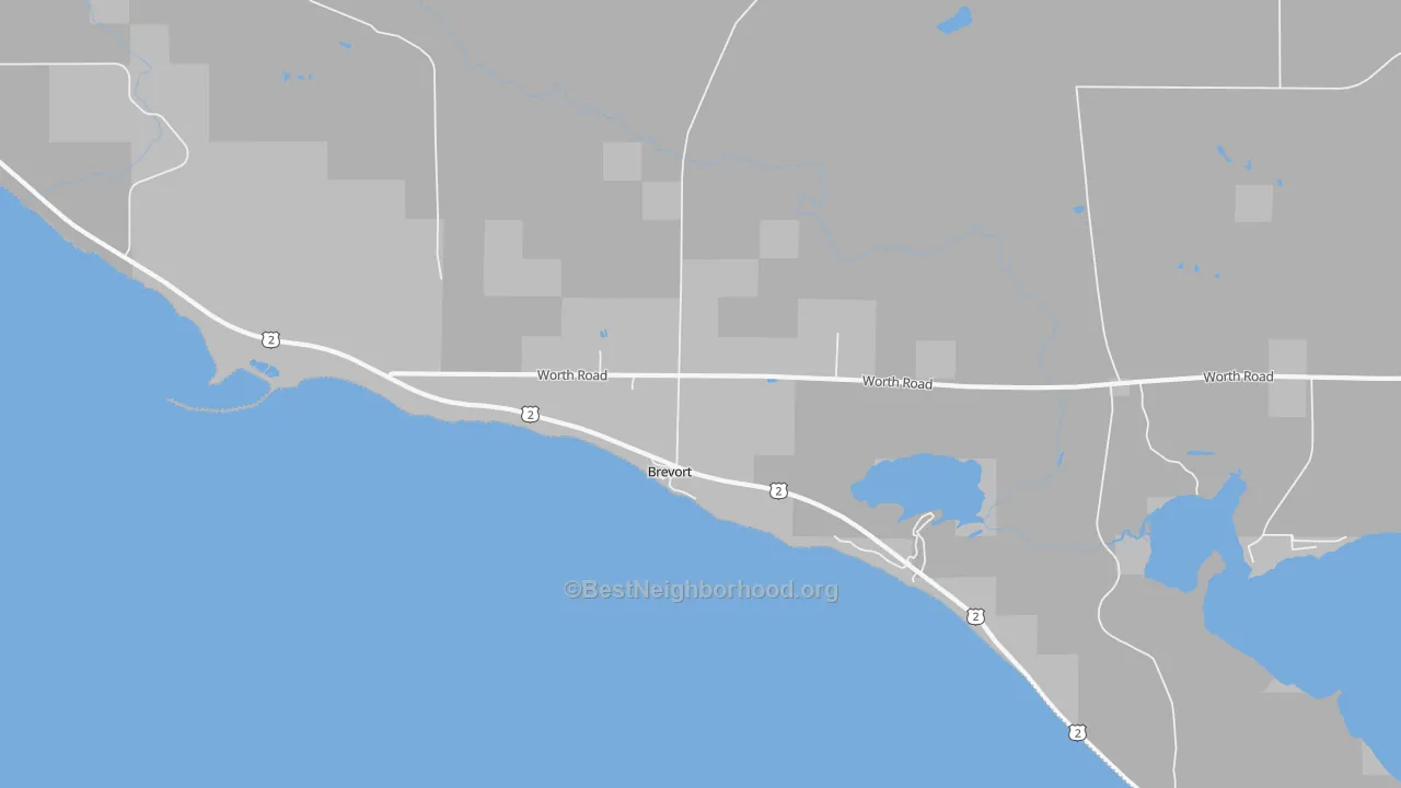 Walk Grade map of Brevort, MI, walkable areas in green and car-dependent areas in red