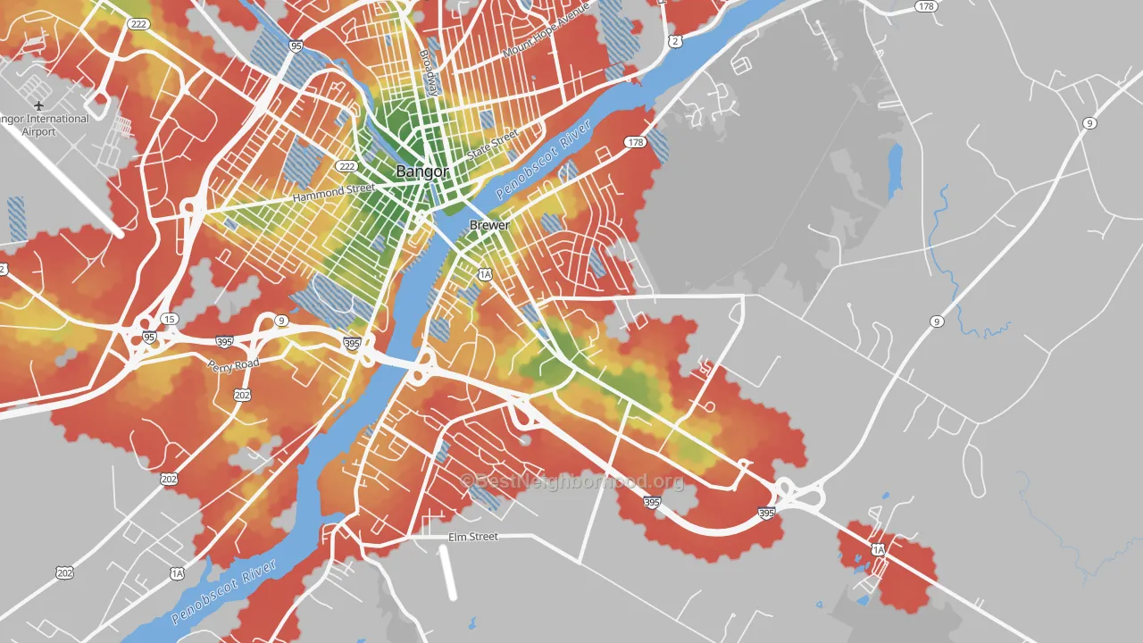 Walk Grade map of Brewer, ME, walkable areas in green and car-dependent areas in red