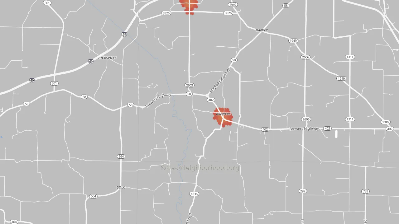Walk Grade map of Brewers, KY, walkable areas in green and car-dependent areas in red