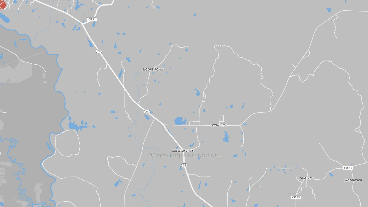 Walk Grade map of Brewersville, AL, walkable areas in green and car-dependent areas in red