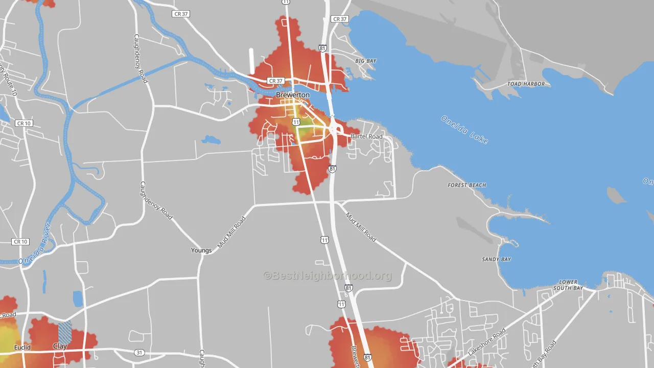 Walk Grade map of Brewerton, NY, walkable areas in green and car-dependent areas in red