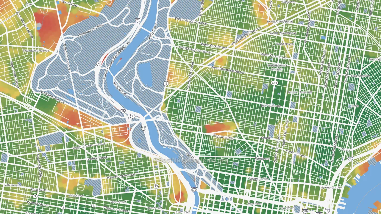 Walk Grade map of Brewerytown, Philadelphia, PA, walkable areas in green and car-dependent areas in red
