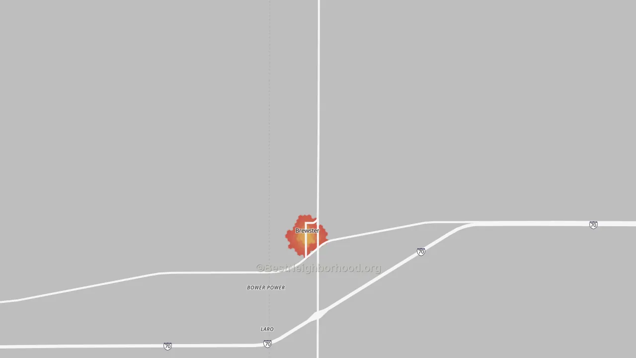 Walk Grade map of Brewster, KS, walkable areas in green and car-dependent areas in red