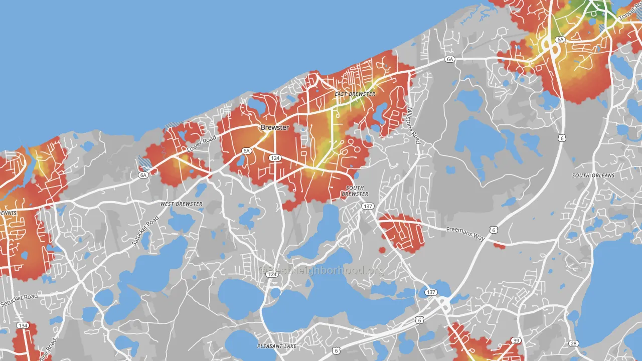 Walk Grade map of Brewster, MA, walkable areas in green and car-dependent areas in red