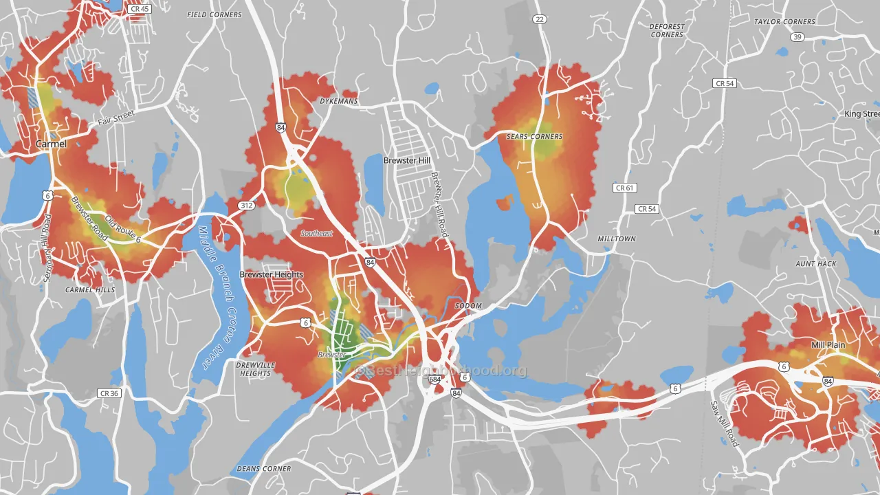 Walk Grade map of Brewster, NY, walkable areas in green and car-dependent areas in red