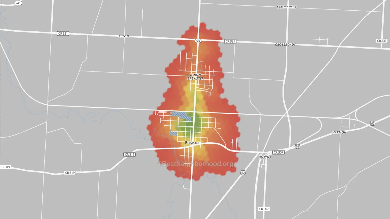 Walk Grade map of Brewster, OH, walkable areas in green and car-dependent areas in red
