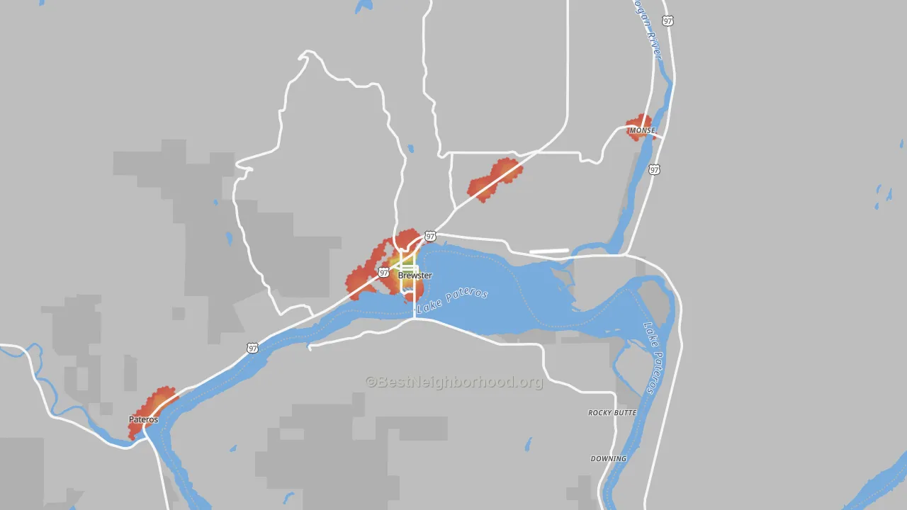 Walk Grade map of Brewster, WA, walkable areas in green and car-dependent areas in red