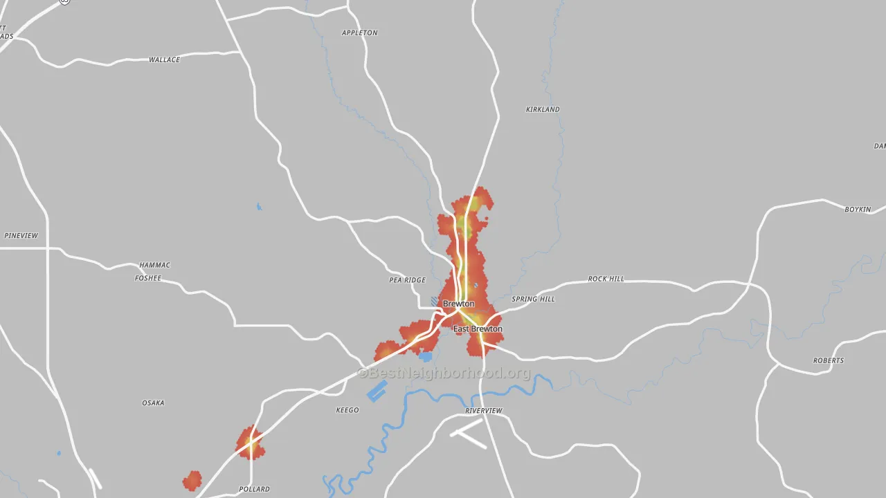 Walk Grade map of Brewton, AL, walkable areas in green and car-dependent areas in red