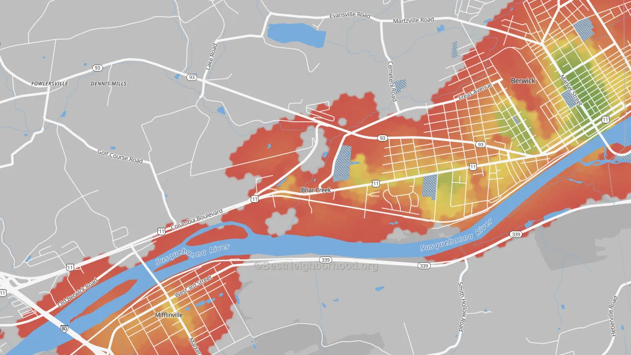 Walk Grade map of Briar Creek, PA, walkable areas in green and car-dependent areas in red
