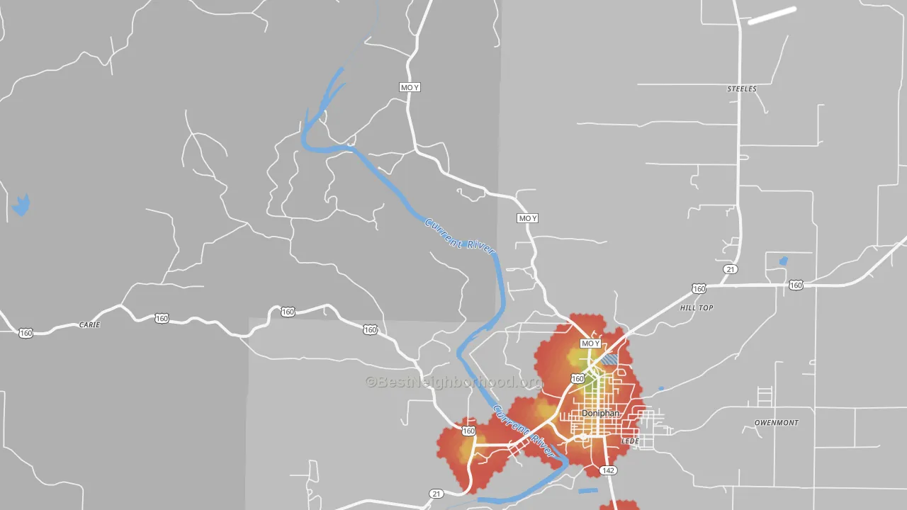 Walk Grade map of Briar, MO, walkable areas in green and car-dependent areas in red
