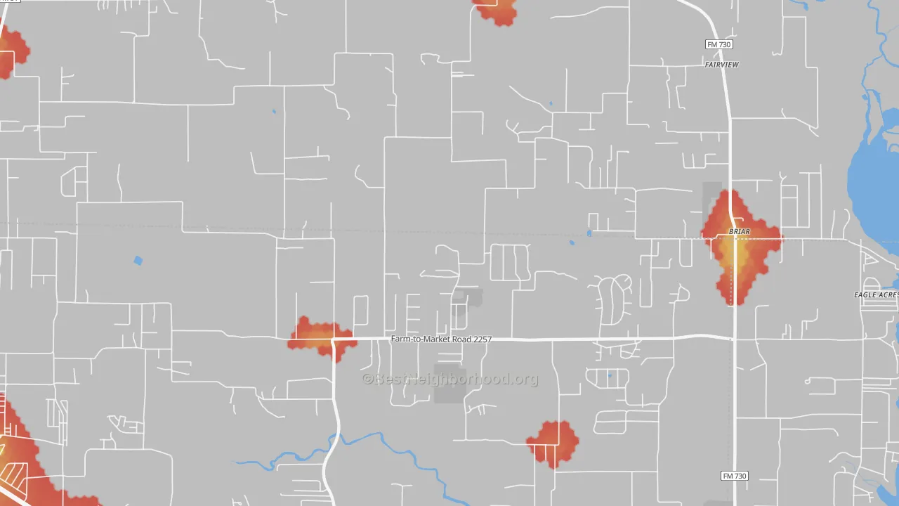 Walk Grade map of Briar, TX, walkable areas in green and car-dependent areas in red