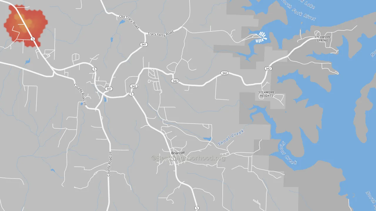 Walk Grade map of Briarcliff, AR, walkable areas in green and car-dependent areas in red