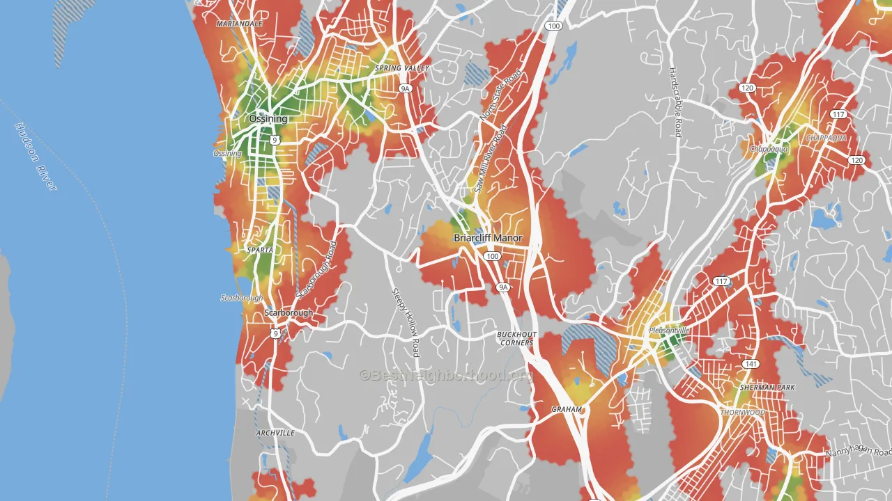 Walk Grade map of Briarcliff Manor, NY, walkable areas in green and car-dependent areas in red