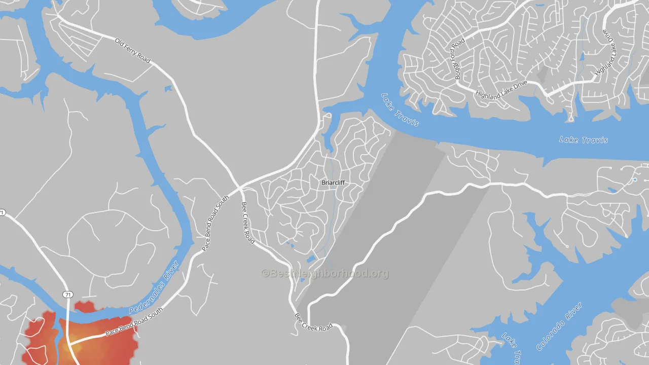 Walk Grade map of Briarcliff, TX, walkable areas in green and car-dependent areas in red