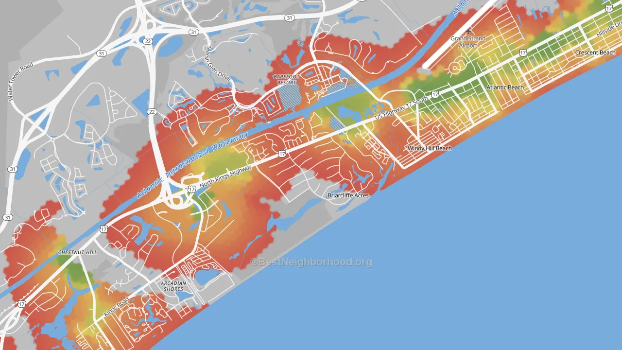 Walk Grade map of Briarcliffe Acres, SC, walkable areas in green and car-dependent areas in red