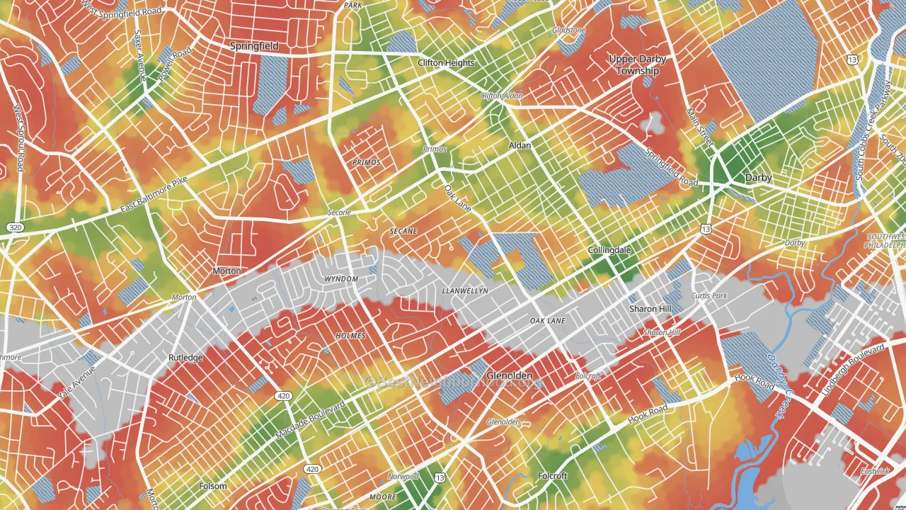 Walk Grade map of Briarcliffe, Glenolden, PA, walkable areas in green and car-dependent areas in red
