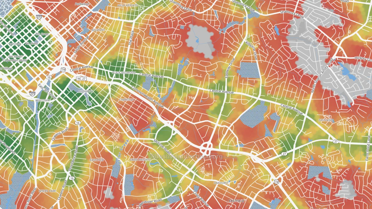 Walk Grade map of Briarcreek-Woodland, Charlotte, NC, walkable areas in green and car-dependent areas in red