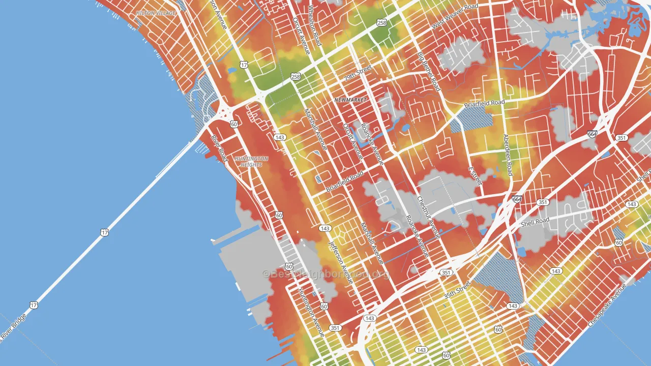 Walk Grade map of Briarfield, Newport News, VA, walkable areas in green and car-dependent areas in red