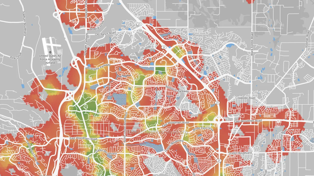 Walk Grade map of Briargate, Colorado Springs, CO, walkable areas in green and car-dependent areas in red