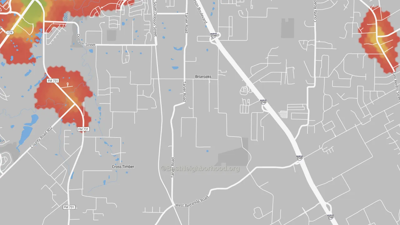 Walk Grade map of Briaroaks, TX, walkable areas in green and car-dependent areas in red