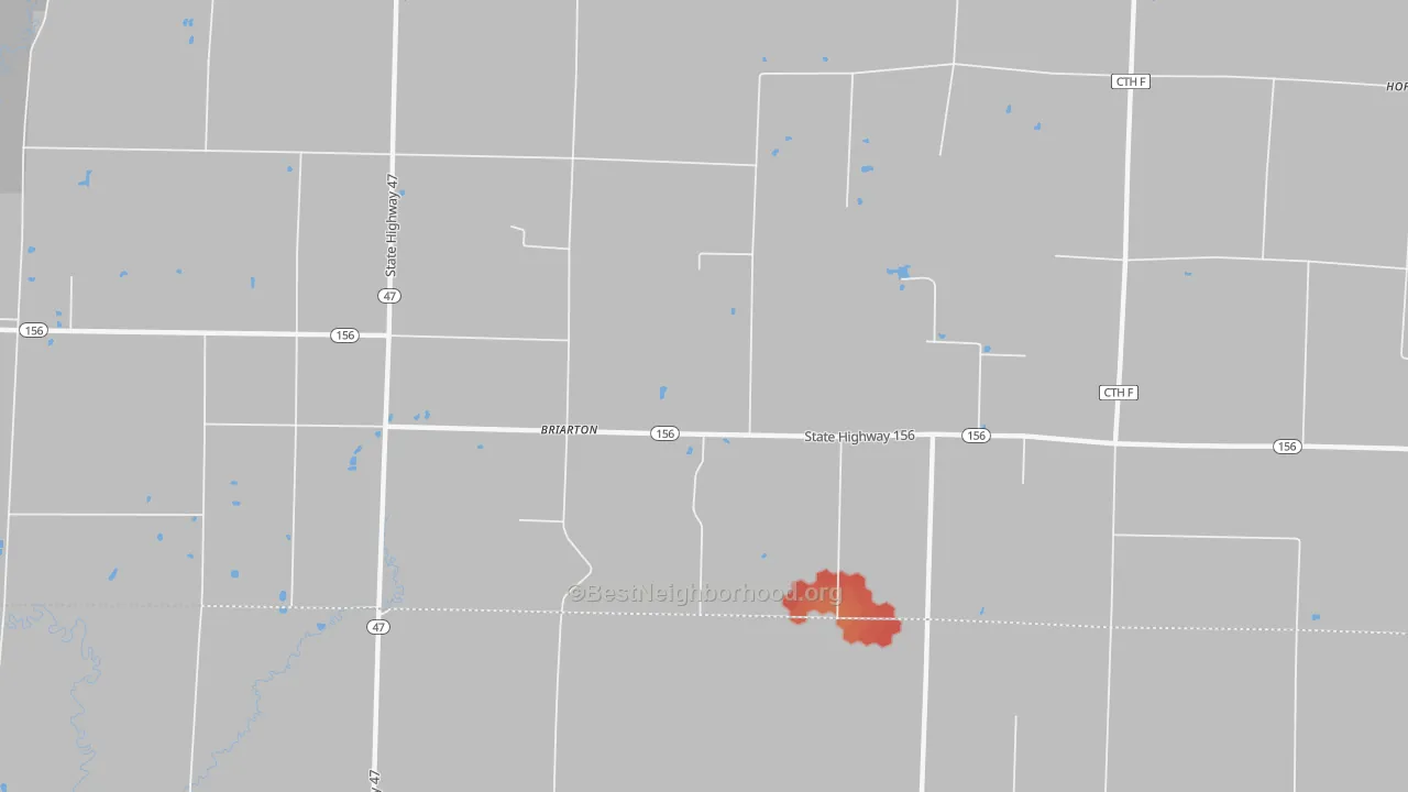 Walk Grade map of Briarton, WI, walkable areas in green and car-dependent areas in red