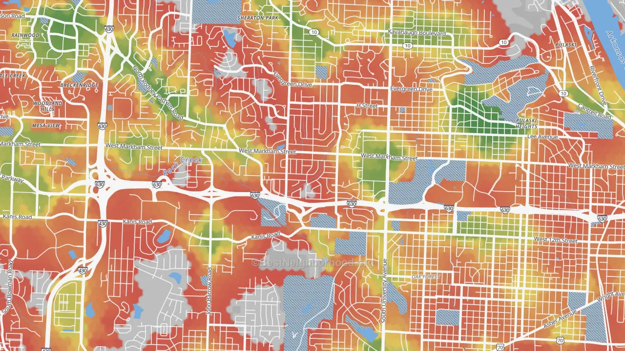 Walk Grade map of Briarwood, Little Rock, AR, walkable areas in green and car-dependent areas in red