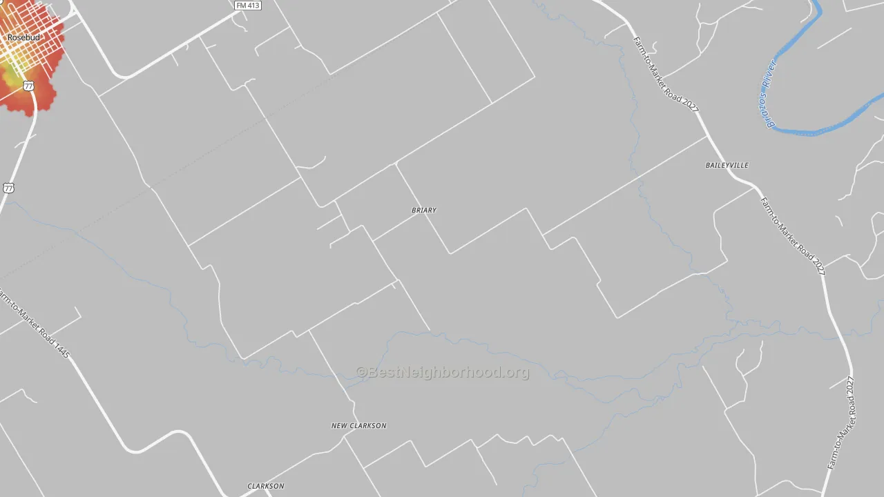 Walk Grade map of Briary, TX, walkable areas in green and car-dependent areas in red