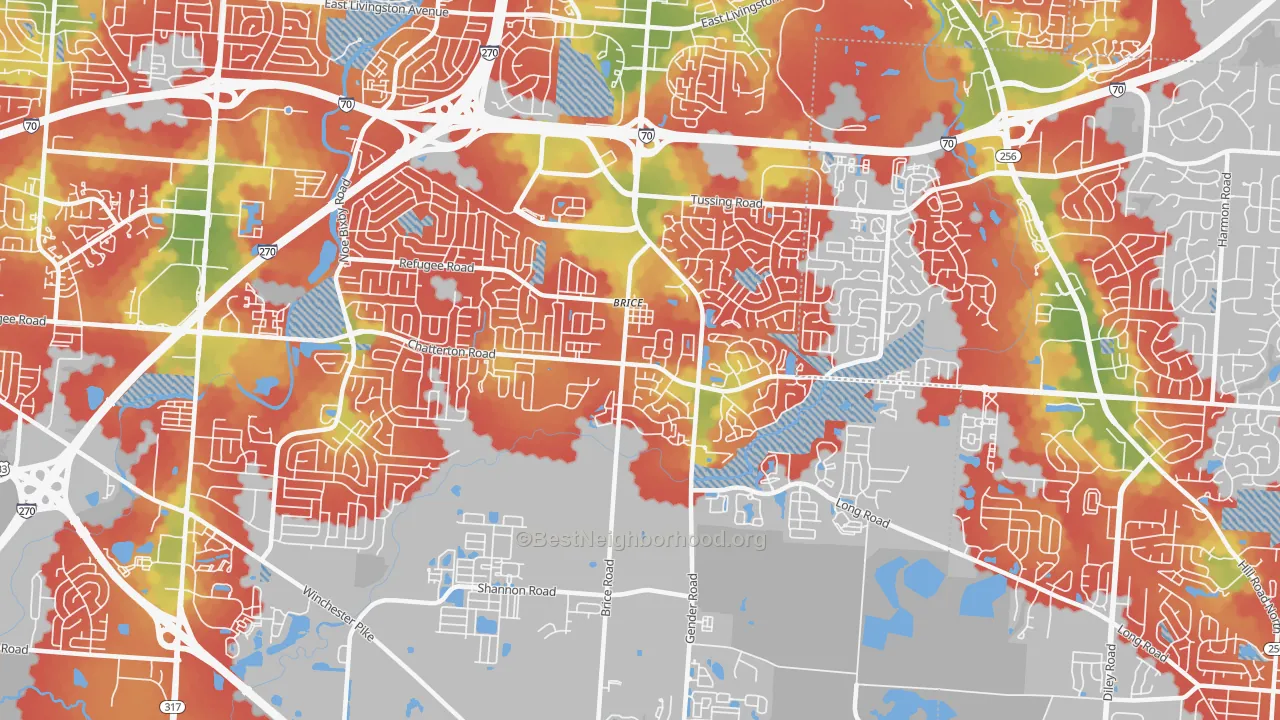 Walk Grade map of Brice, OH, walkable areas in green and car-dependent areas in red