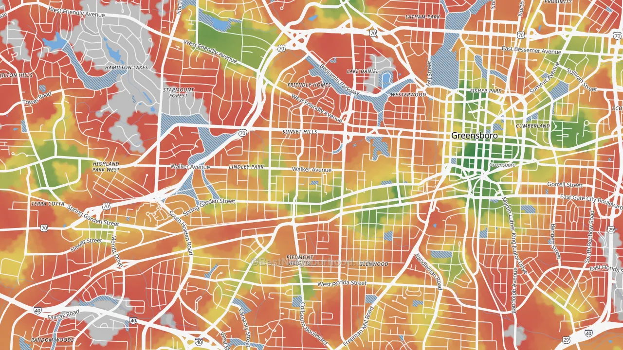 Walk Grade map of Brice Street Area, Greensboro, NC, walkable areas in green and car-dependent areas in red