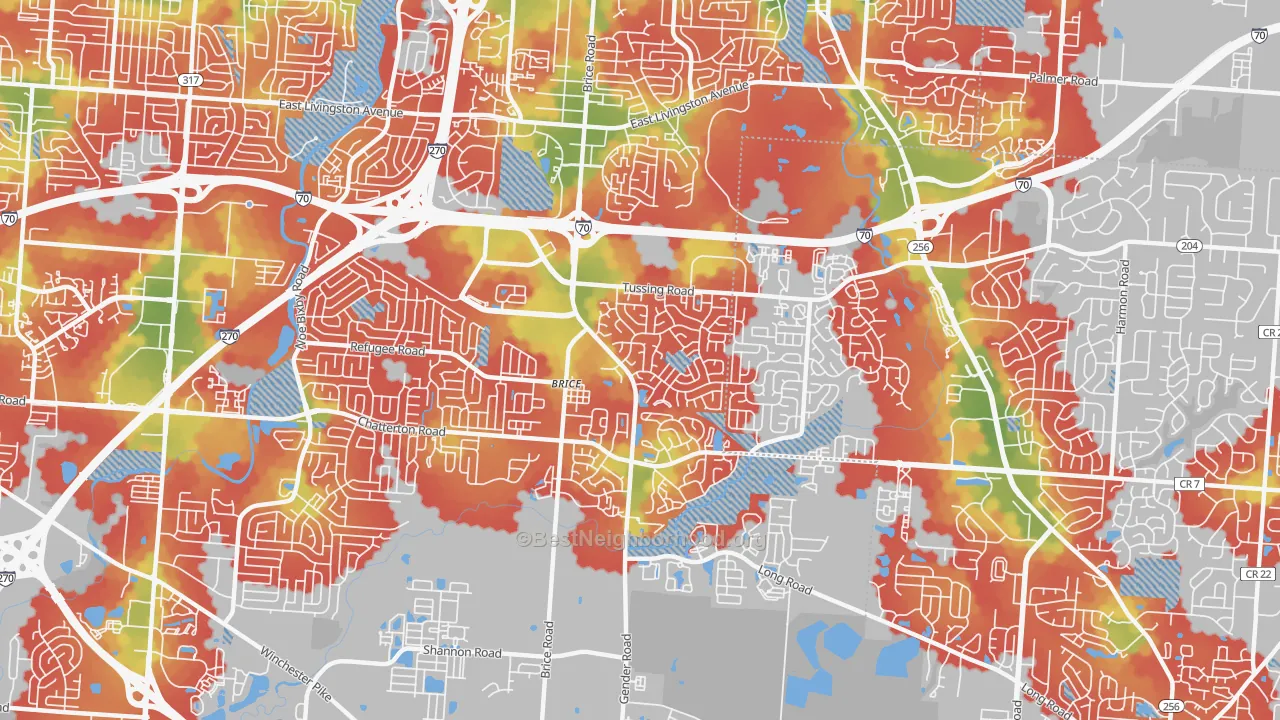 Walk Grade map of Brice-Tussing, Columbus, OH, walkable areas in green and car-dependent areas in red