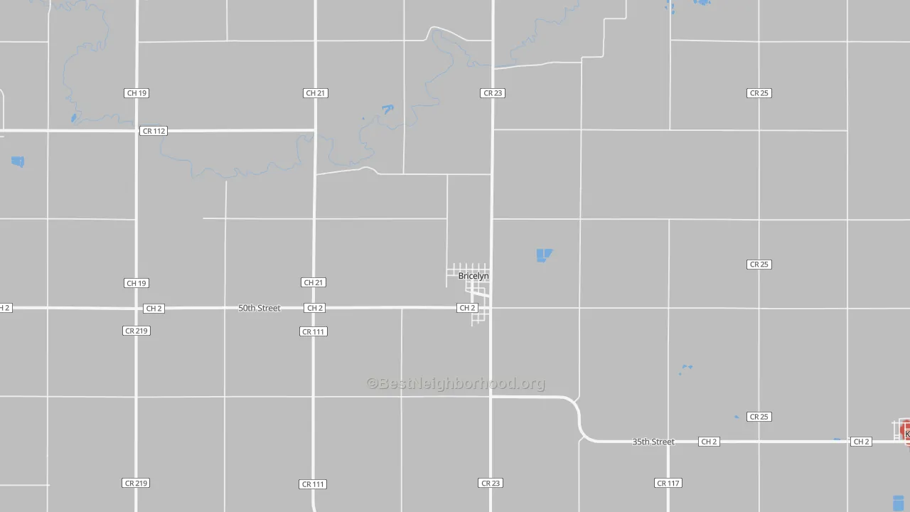 Walk Grade map of Bricelyn, MN, walkable areas in green and car-dependent areas in red