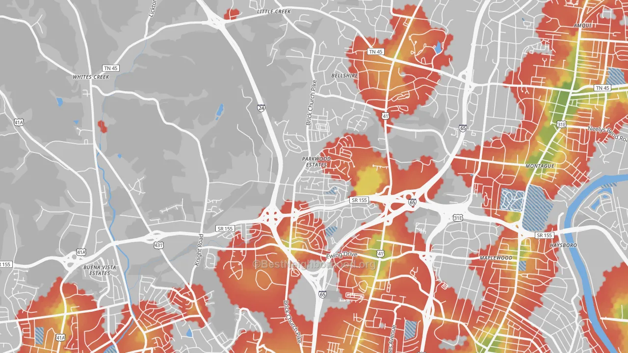 Walk Grade map of Brick Church Bellshire, Nashville, TN, walkable areas in green and car-dependent areas in red