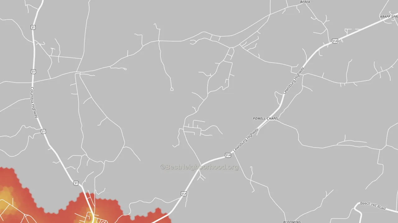 Walk Grade map of Brick Church, TN, walkable areas in green and car-dependent areas in red