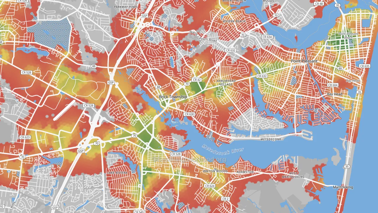 Walk Grade map of Brick, NJ, walkable areas in green and car-dependent areas in red