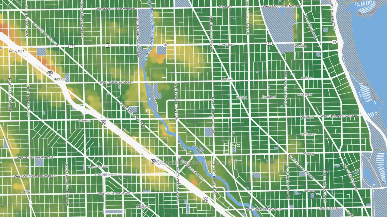 Walk Grade map of Bricktown, Chicago, IL, walkable areas in green and car-dependent areas in red
