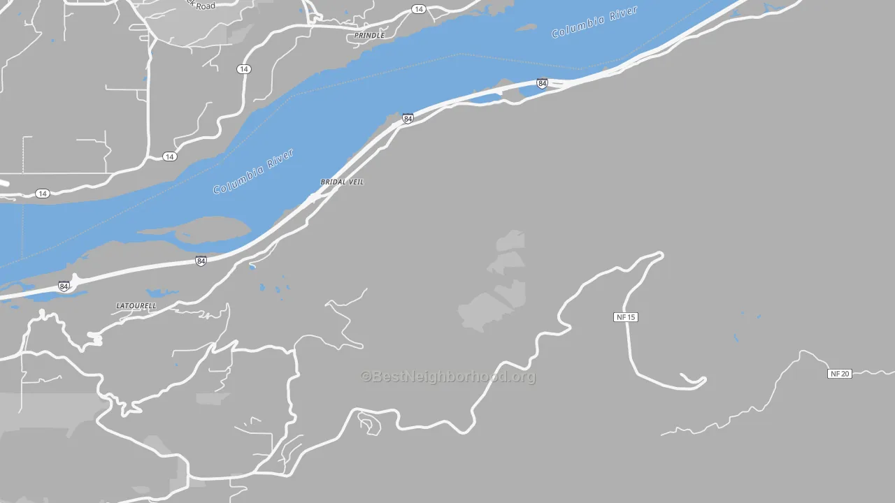 Walk Grade map of Bridal Veil, OR, walkable areas in green and car-dependent areas in red
