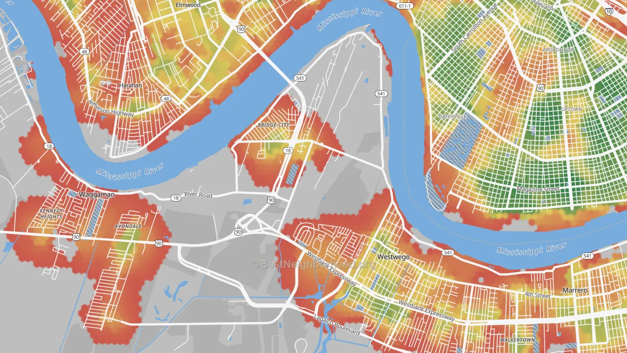 Walk Grade map of Bridge City, LA, walkable areas in green and car-dependent areas in red