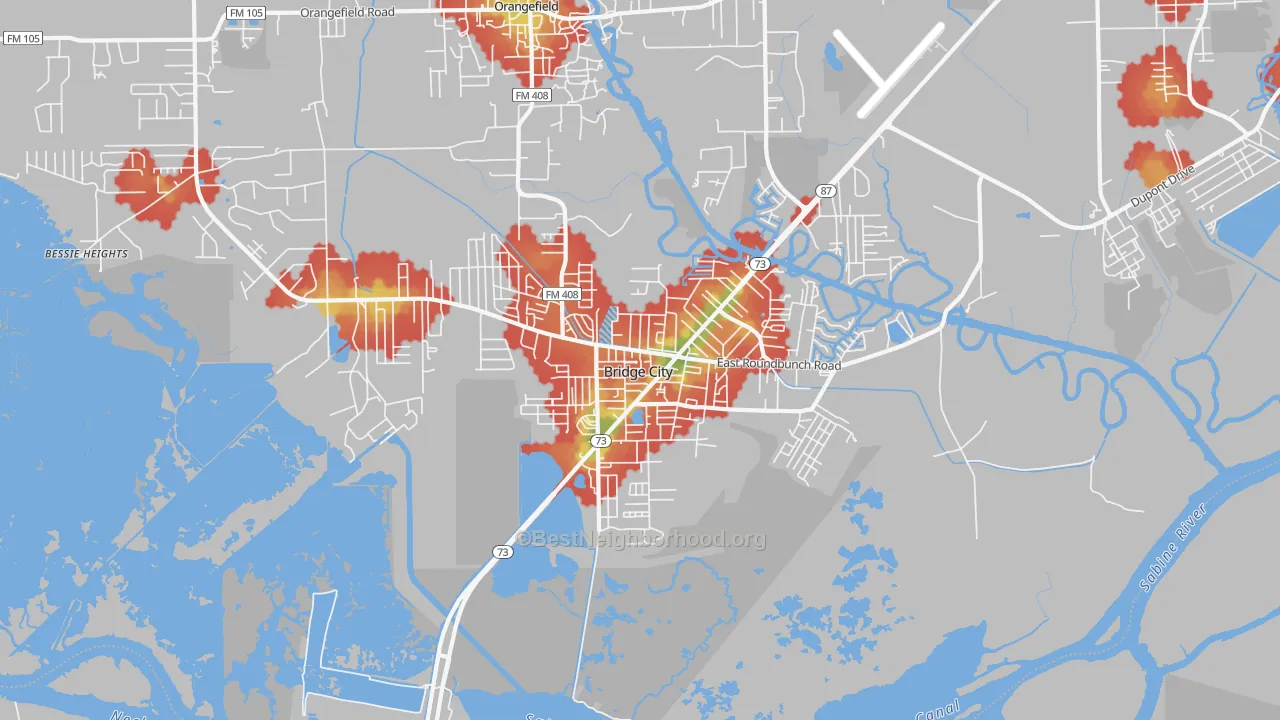 Walk Grade map of Bridge City, TX, walkable areas in green and car-dependent areas in red