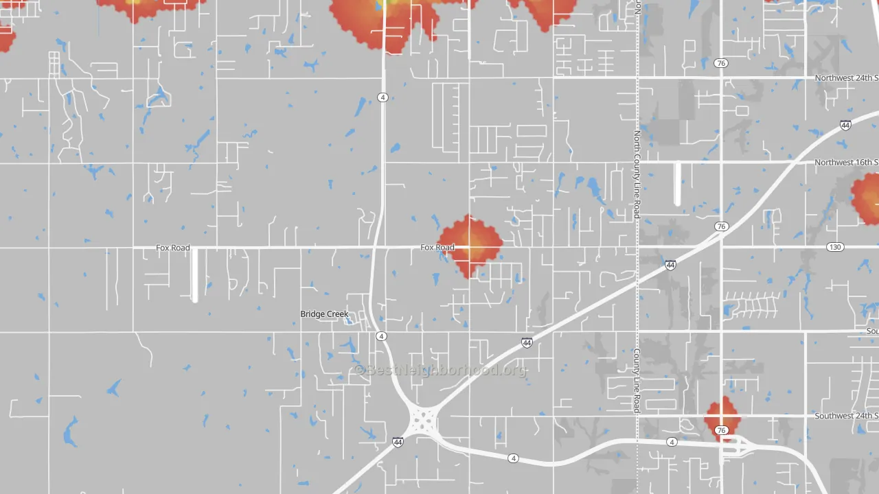 Walk Grade map of Bridge Creek, OK, walkable areas in green and car-dependent areas in red