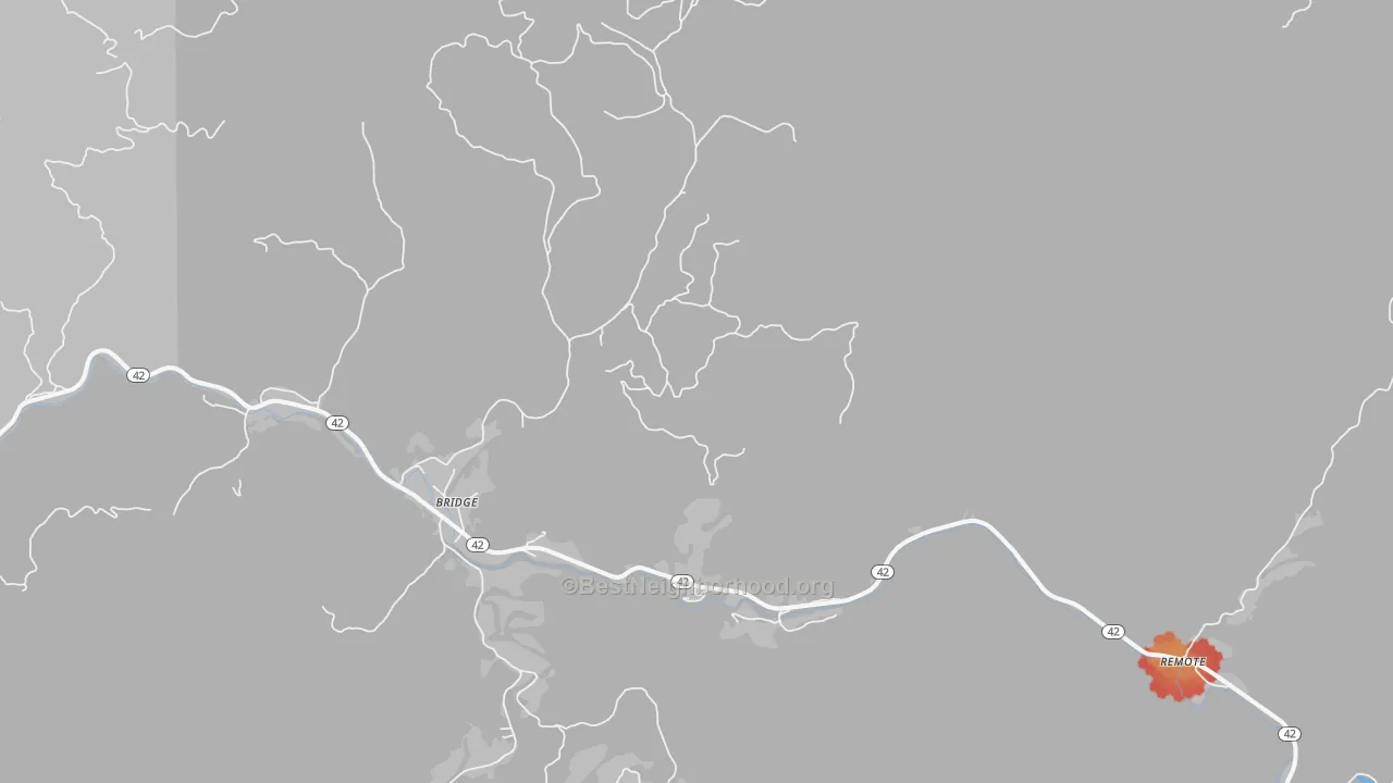 Walk Grade map of Bridge, OR, walkable areas in green and car-dependent areas in red