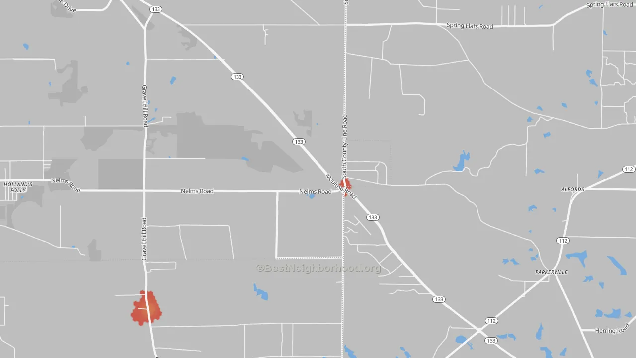 Walk Grade map of Bridgeboro, GA, walkable areas in green and car-dependent areas in red
