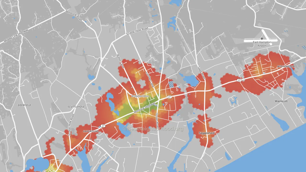 Walk Grade map of Bridgehampton, NY, walkable areas in green and car-dependent areas in red