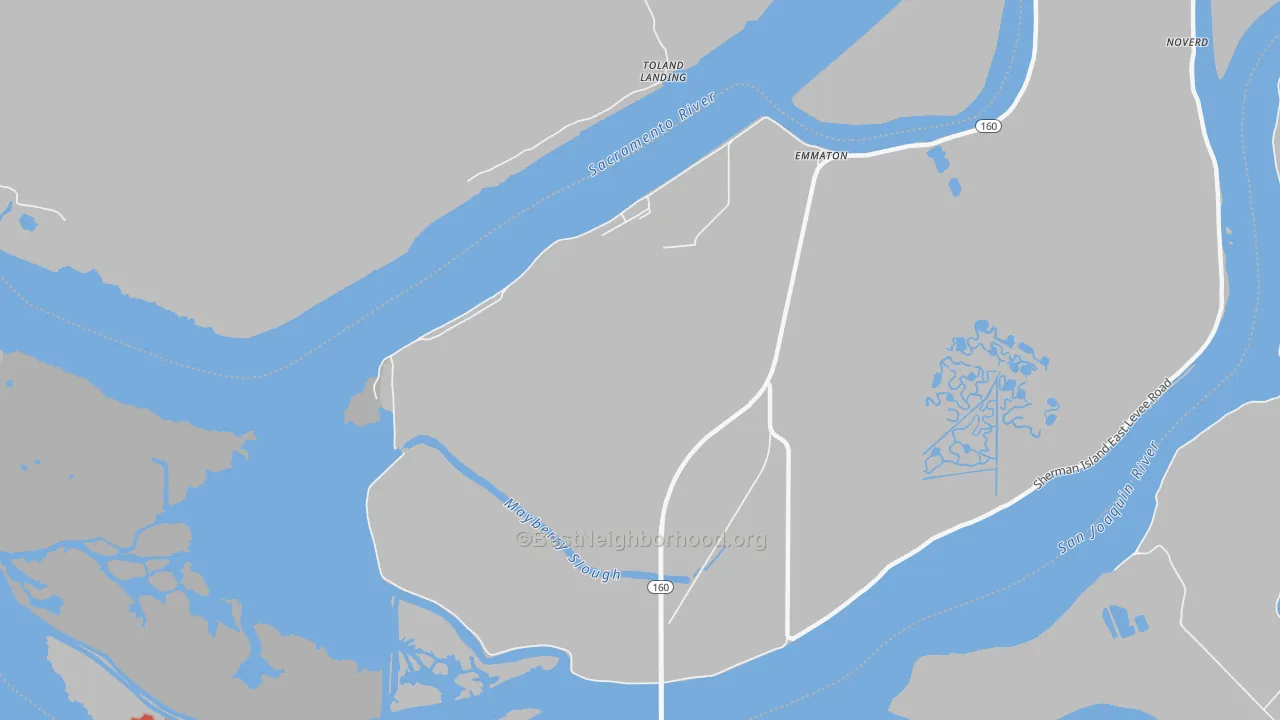 Walk Grade map of Bridgehead, CA, walkable areas in green and car-dependent areas in red