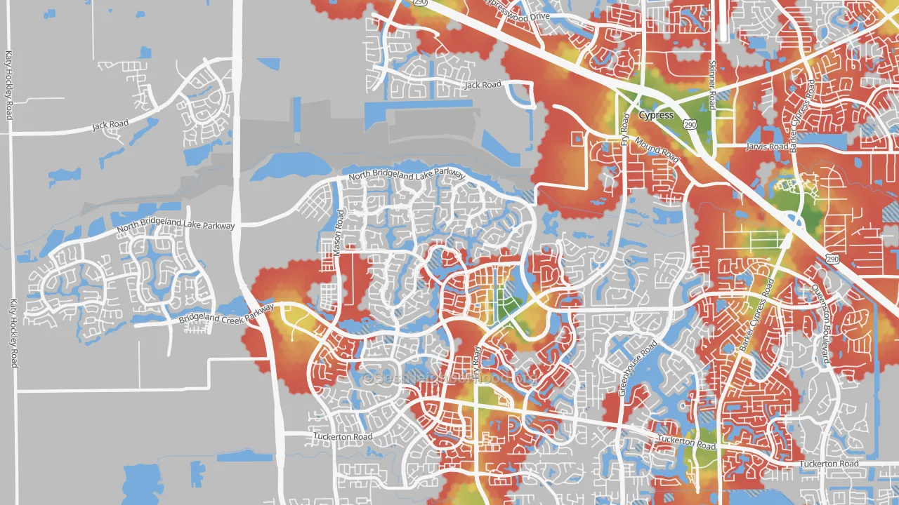 Walk Grade map of Bridgeland, Cypress, TX, walkable areas in green and car-dependent areas in red