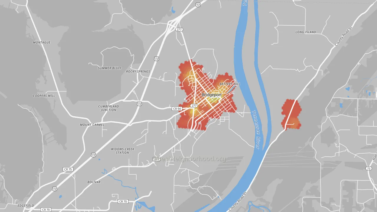 Walk Grade map of Bridgeport, AL, walkable areas in green and car-dependent areas in red