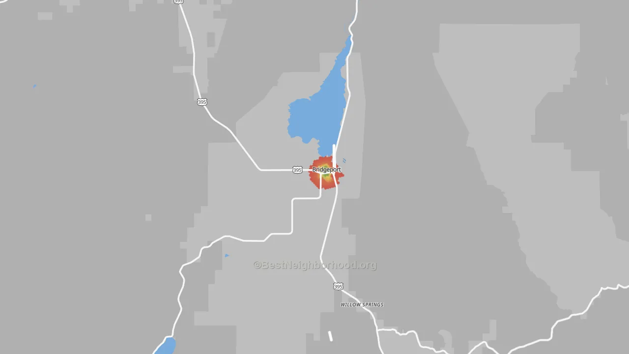 Walk Grade map of Bridgeport, CA, walkable areas in green and car-dependent areas in red